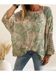 Spring/Summer style, boat neck, diamond hollow out, batwing drop shoulders, loose fit, color-block leaf print, long-sleeve women's knit top, vacation style, casual elegant commute, ladies' vest cover-up, bikini cover-up.