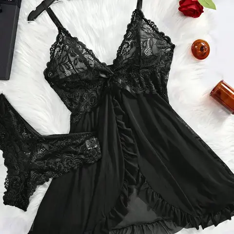 Women's 2-Piece V-Neck Lace Trim Ruffle Cami Nightdress & Adjustable Fit Thong Set, Comfy Breathable Sleeveless Nightwear & Loungewear