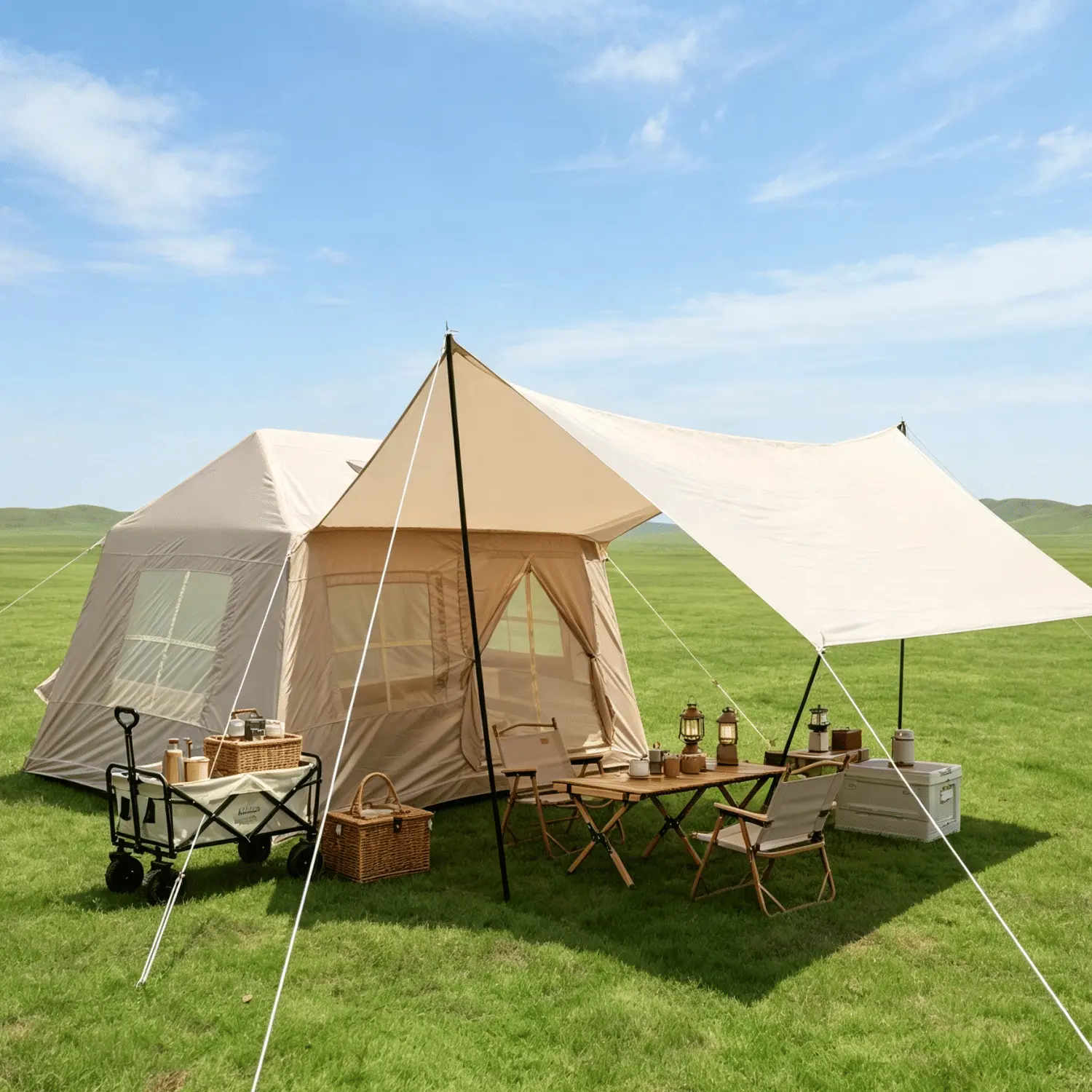 5.72m² Inflatable Camping Tent, Easy Setup 4 Season Windproof Glamping Tent with Mesh Windows & Pump, Outdoor Cotton Tent
