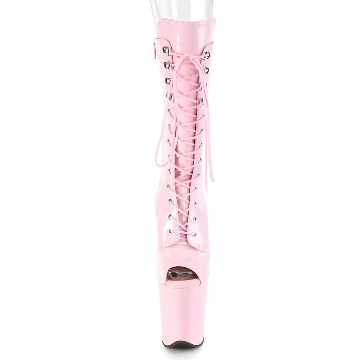 Women's Platform Boots, Peep Toe Mid Calf Shoe in Baby Pink Patent Leather with 8-Inch Heel, Lace-Up & Inside Zip Closure, Footwear, Height Increase Solutions, High Heel-Shaped Wedges & Flatform, Thick Heel Wedges & Flatform