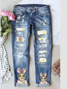 Women's Patch Ripped Distressed Mid-Waist Boyfriend Fit Washed Cute Easter Rabbits Eggs Animal Print Loose Denim Jeans Elastic Waistband Breathable Comfy for All Seasons