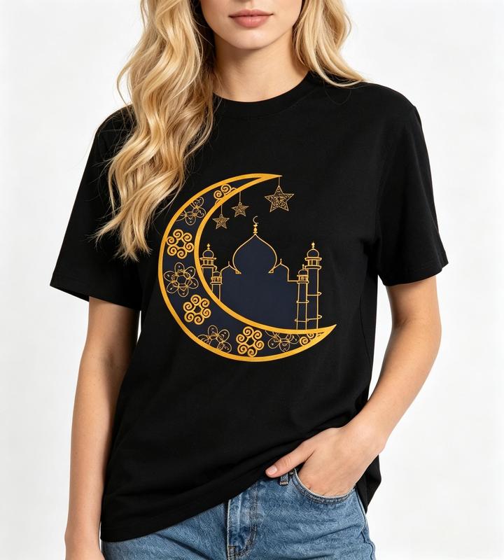 Women's Fitted Crew Neck Ultra Soft Graphic Print T-Shirt - Black Gold Crescent Moon Mosque Design, Casual Short Sleeve Islamic Top for Ramadan Eid Anniversary Beach Wear #sohochic
