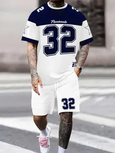 Men's Casual Round Neck Short Sleeve T-Shirt Set, 3D Star Pattern Football Suit, Fitted Style, Size 32, Sports Wear, Fitness Outfit