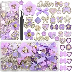 Junk Case Charms Kit Purple Bow Flower Butterfly Charms for Resin Bear Heart Rose Cell Phone Case 3D Star Big Charm DIY Craft Accessories
