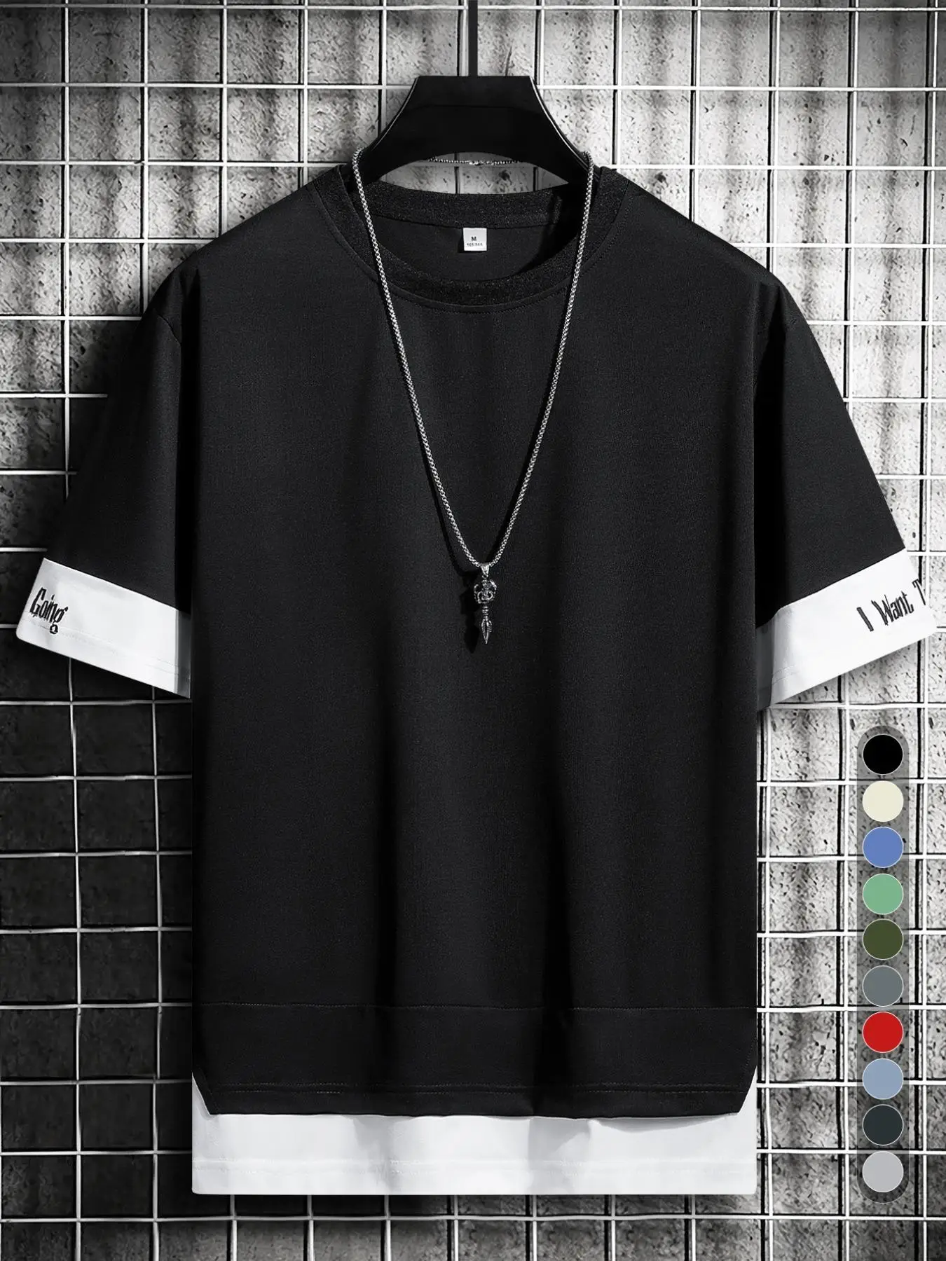 Men's Letter Print Contrast Hem Drop Shoulder Round Neck T-Shirt, Fashion Casual Regular Fit Crew Neck Tee for Daily Wear, Men Tops for Summer, Summer