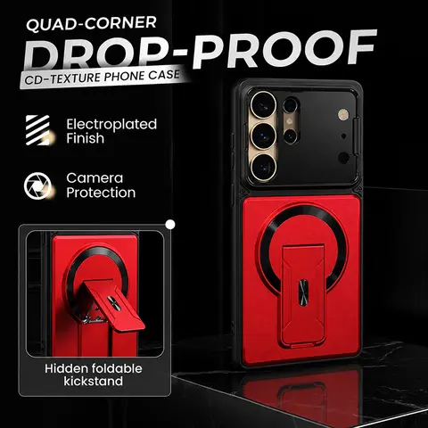 MagSafe Magnetic Polycarbonate Rugged CD Texture Metal Smartphone Case for Samsung Galaxy S Series - Adjustable Foldable Kickstand, Shockproof Casing, Durable Cover, Wireless Charging Phone Accessory
