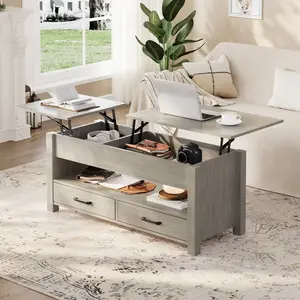 Lift Top Coffee Table with Storage, Split Lift Design, 2 Drawers & Hidden Compartment, Farmhouse Center Table with Adjustable Height Wooden Tabletop for Living Room, Espresso