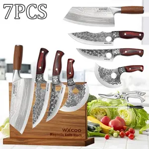 7PCS Stainless Steel Set Multipurpose Kitchen Knives with Magnetic Wooden Holder Sharp Utility Knife Scissors Sashimi Beef Fish