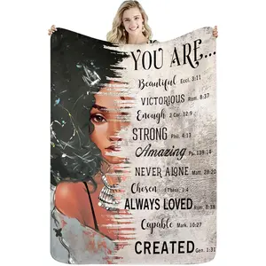 African American Flannel Blanket 60Wx80H Inch Black Girl Women Quotes Inspirational Motivational Positive Warm Fuzzy Throw Blanket for Sofa Bed Throws Daughter Gift Birthday Presents, Printed on One Side with a Plain White Back, Halloween Thanksgiving Chr