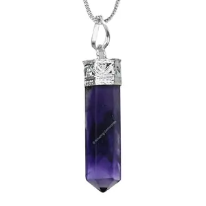 Amazing Gemstone Crystal Pencil Point Pendant Necklace with Adjustable Chain - Natural Healing Crystals and Stones for Men, Women and Kids