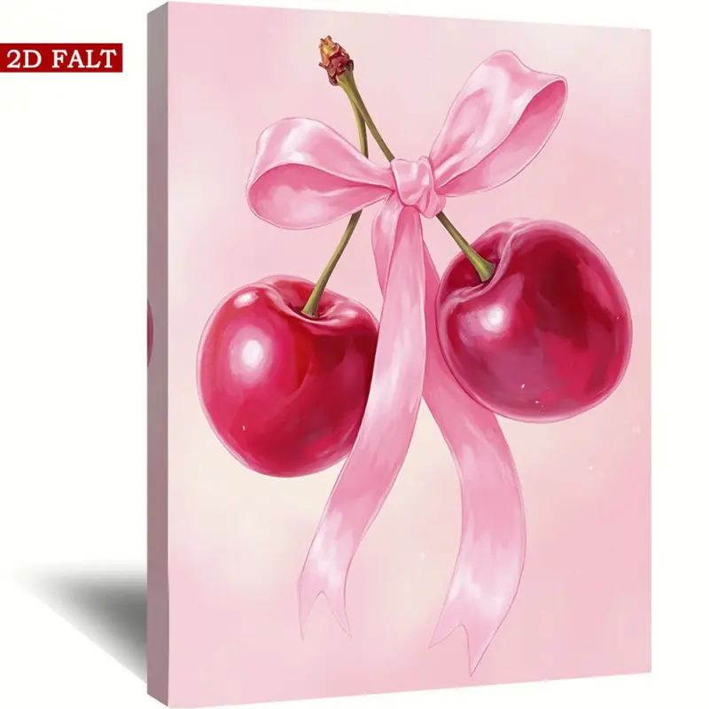 1 Piece Solid Wood Frame Cherry and Pink Ribbon Wall Art - Waterproof 2D Flat Print Wrapped Canvas Poster, Bright Red Cherry on Soft Pink Background, Ready-to-Hang Home Decoration Suitable for Bathroom, Living Room, Valentine's Day and Housewarming Gifts,