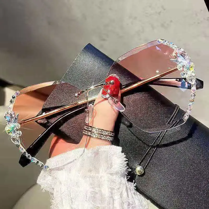Women's Rimless Rhinestone Sunglasses, UV Protection Gradient Shades, Bling Crystal Trimmed Fashion Eyewear, Slim Face Design for Parties, Street Style & Vacations
