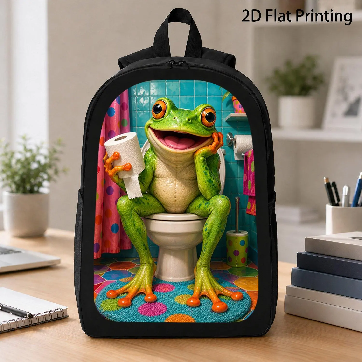 17 Inch Backpack 1pc Smiling Green Frog Resting Chin On Hand Holding Toilet Paper Funny Animal Kawaii Printed Laptop Bag Durable Travel Hiking Rucksack For Daily Weekend Trip