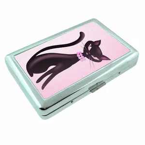 Pink Sassy Black Cat Pearls Metal Case Wallet