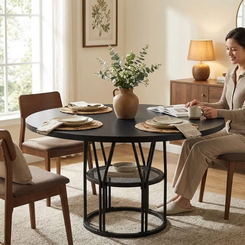 Round Dining Table, 120 cm Kitchen Table for 4-6 People, Circle Dinner Table with Metal Frame, Space Saving Breakfast Table with Storage Shelf for Home Dining Room Living Room
