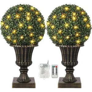16” Artificial Plant Topiary Ball, Pre-Lit Artificial Topiary Plant with Lights, Timer and Remote Control, Artificial Outdoor Porch Trees with Light Base for Outdoor Indoor Gold