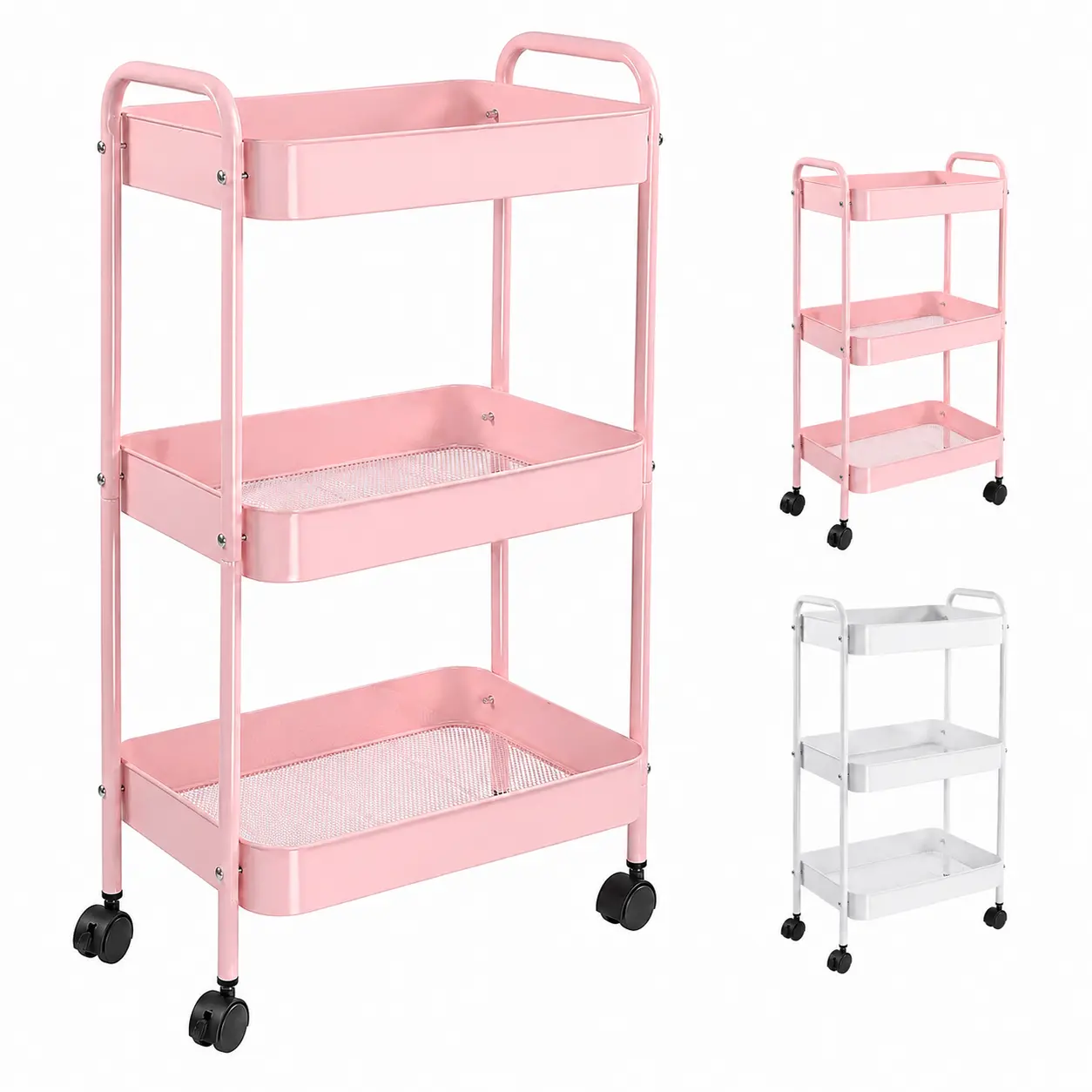 Freestanding 3-Tier Rectangular Metal Frame Rolling Utility Cart - Multi-Function Organizer with Lockable Casters, Rotatable Racks, 25kg Capacity, for Bathroom, Kitchen Storage (Rolling Cart Organization)