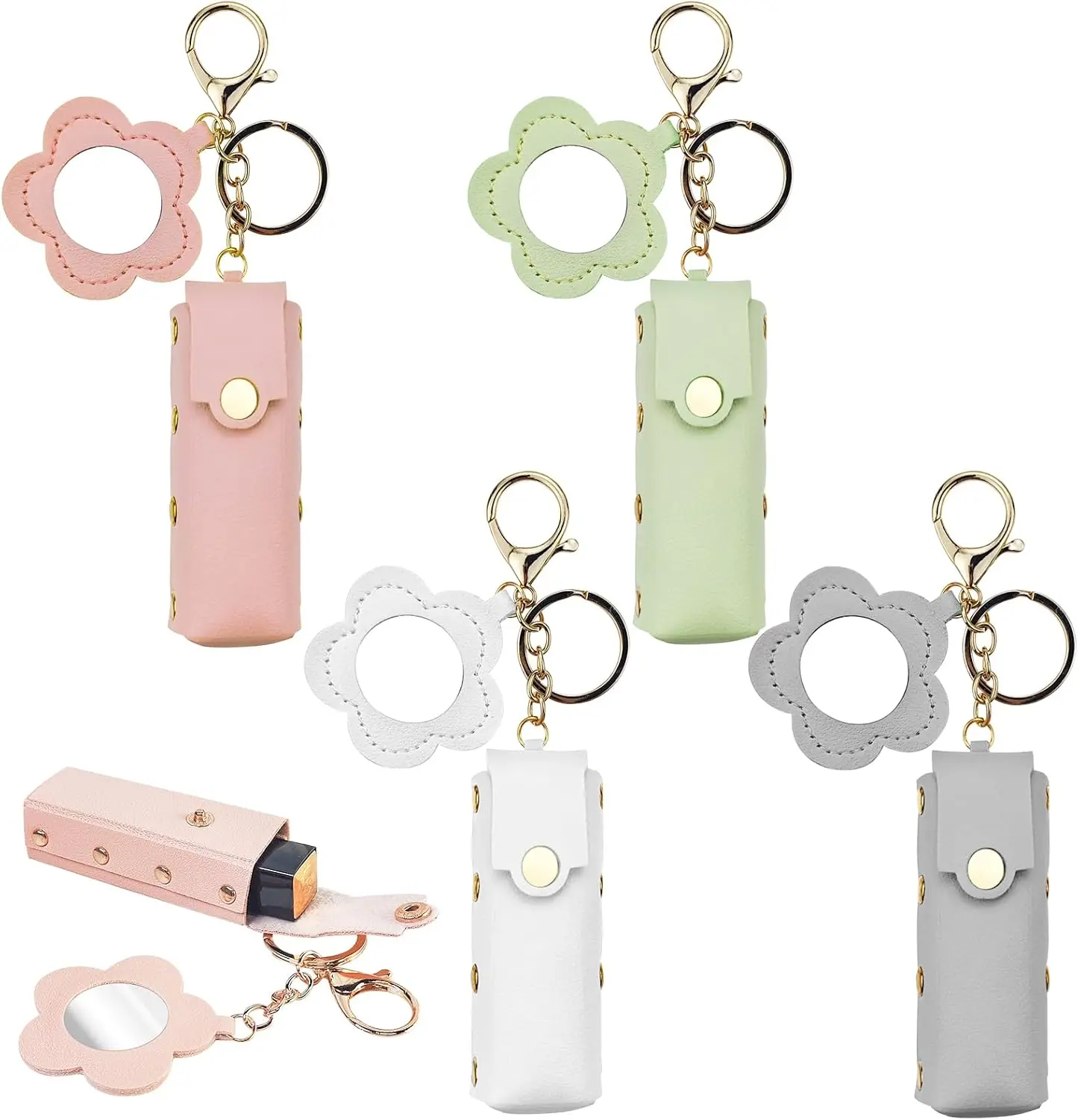 4 PACK PU Leather Potable Chapstick Holder Key Chain Bulk with Mirror, Lipstick Keychain, Lip Balm Organizer Holder Lipstick Travel Makeup Storage Case for Women Girls (Style 3)