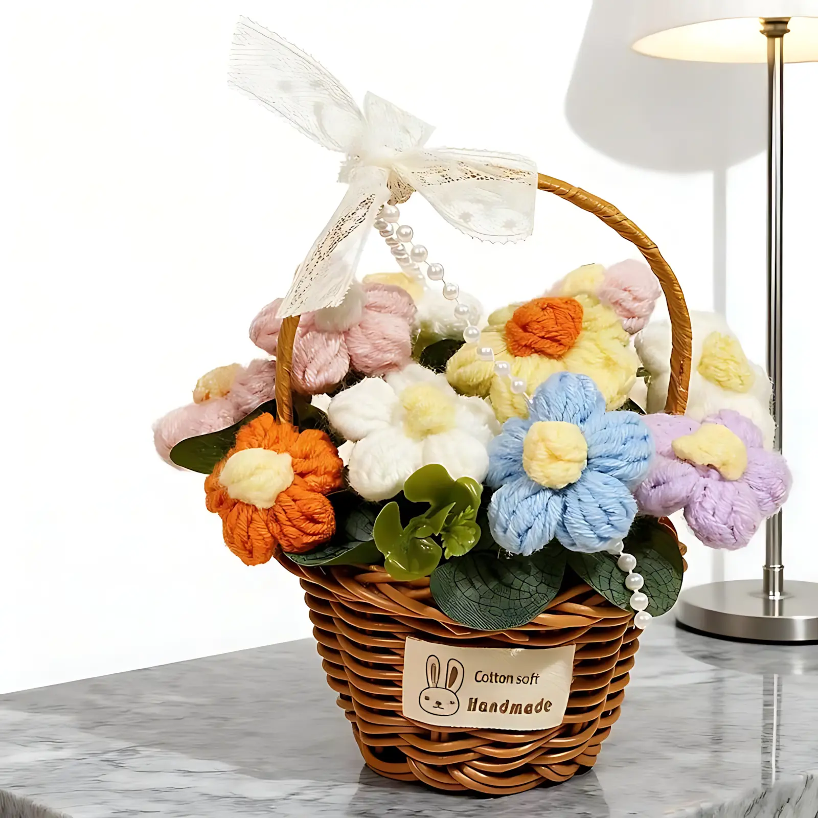 Artisanal Handmade Daisy Crocheted Bouquet - Decorative Synthetic Flower Bonsai Ornaments, Knitted Basket Centerpiece, Polyester Home Supplies, Mother's Day Christmas Desk Gift