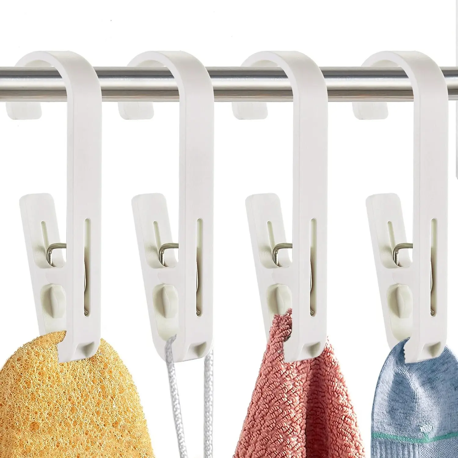 Laundry Hooks with Clips Hanger Closet Organizer Clamps for Socks Boots Bras Towels Bathroom Wardrobe Kitchen Office 4Pcs White