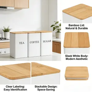 3-Pack Kitchen Storage Jars, Bamboo Lid Airtight Jars for Tea Coffee Sugar, & Countertop Organizer, Durable Design