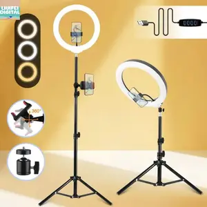 Liu Fei Digital 10" Ring Light with Stand & 43.3" Tripod for Phone, 2600K-6500K Color Temperature, 1 USB Port, Adjustable Brightness, Ideal for Makeup, Tattoo, Video Recording, Vlog, Smartphone & Cellphone Lighting Videography Equipment