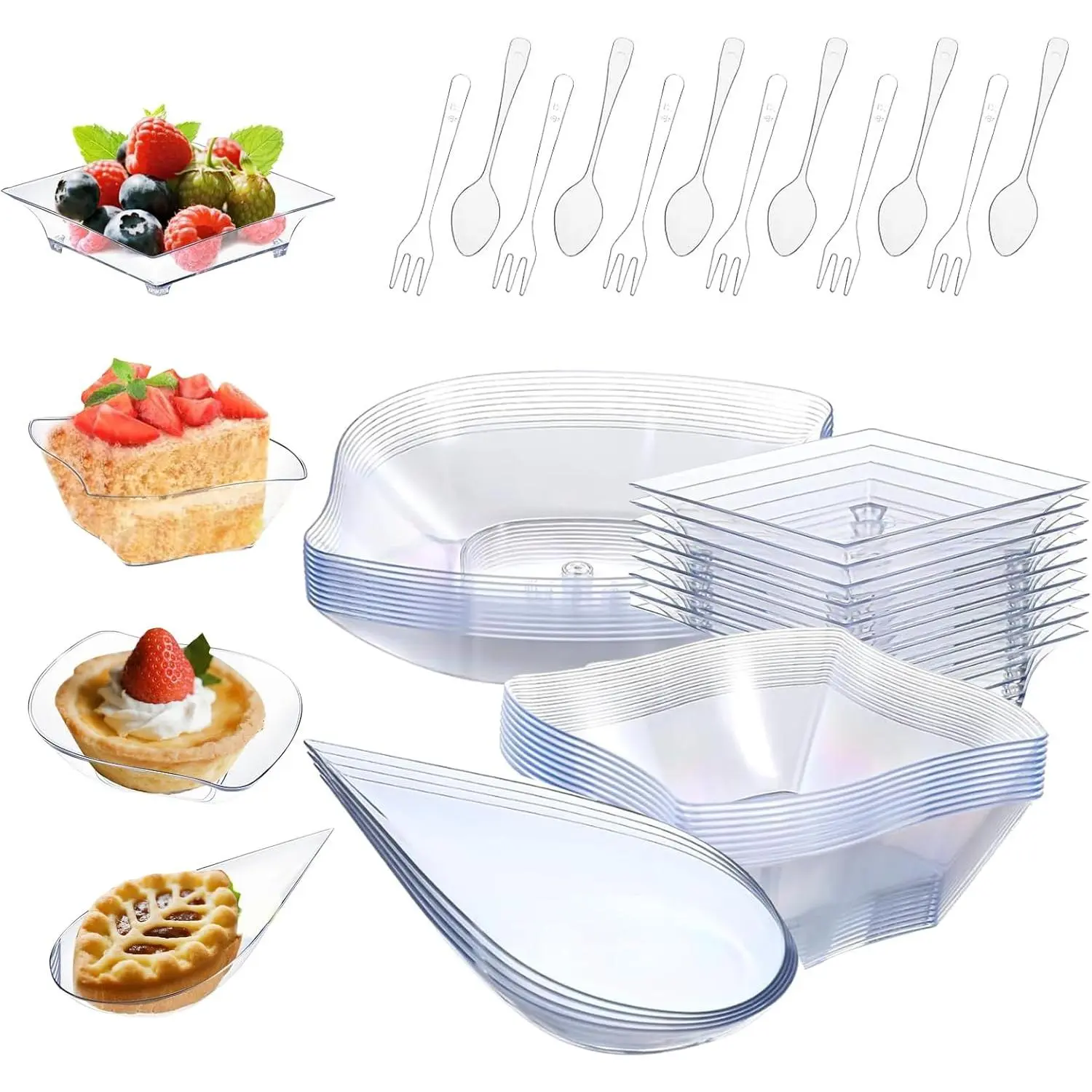 200 count Mini Appetizer Plates with Spoons and Forks, Clear Disposable Dessert Bowls and Serving Trays,  Plastic Party Plates for Appetizers, Tastings, Desserts