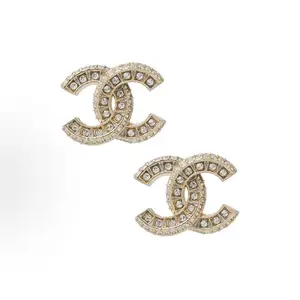 Pre-owned Brand New,CHANEL Gold Tone Full Crystal Double C Logo Stud Earrings