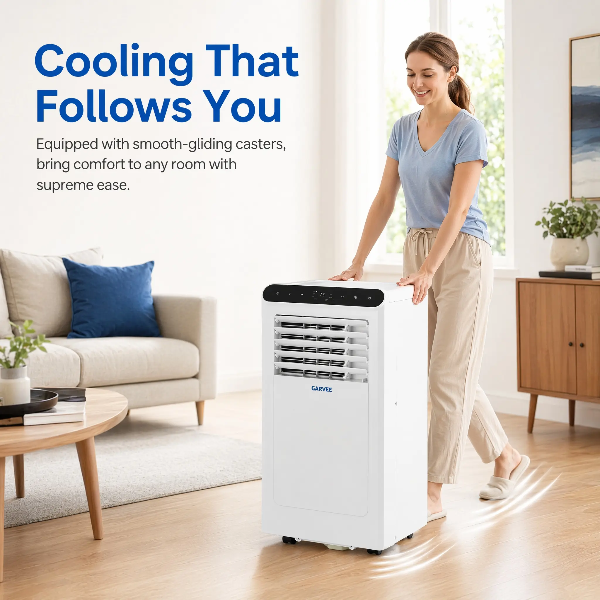 Garvee 8K BTU Portable Air Conditioner, Fast Quiet Cooling 4-in-1 AC Unit, Dehumidifier & Fan Modes, LED Display, Remote Control, 24H Timer, 4-Way Auto Swing, 360° Swivel Wheels, Complete Window Installation Kit for Bedroom, Office & Home