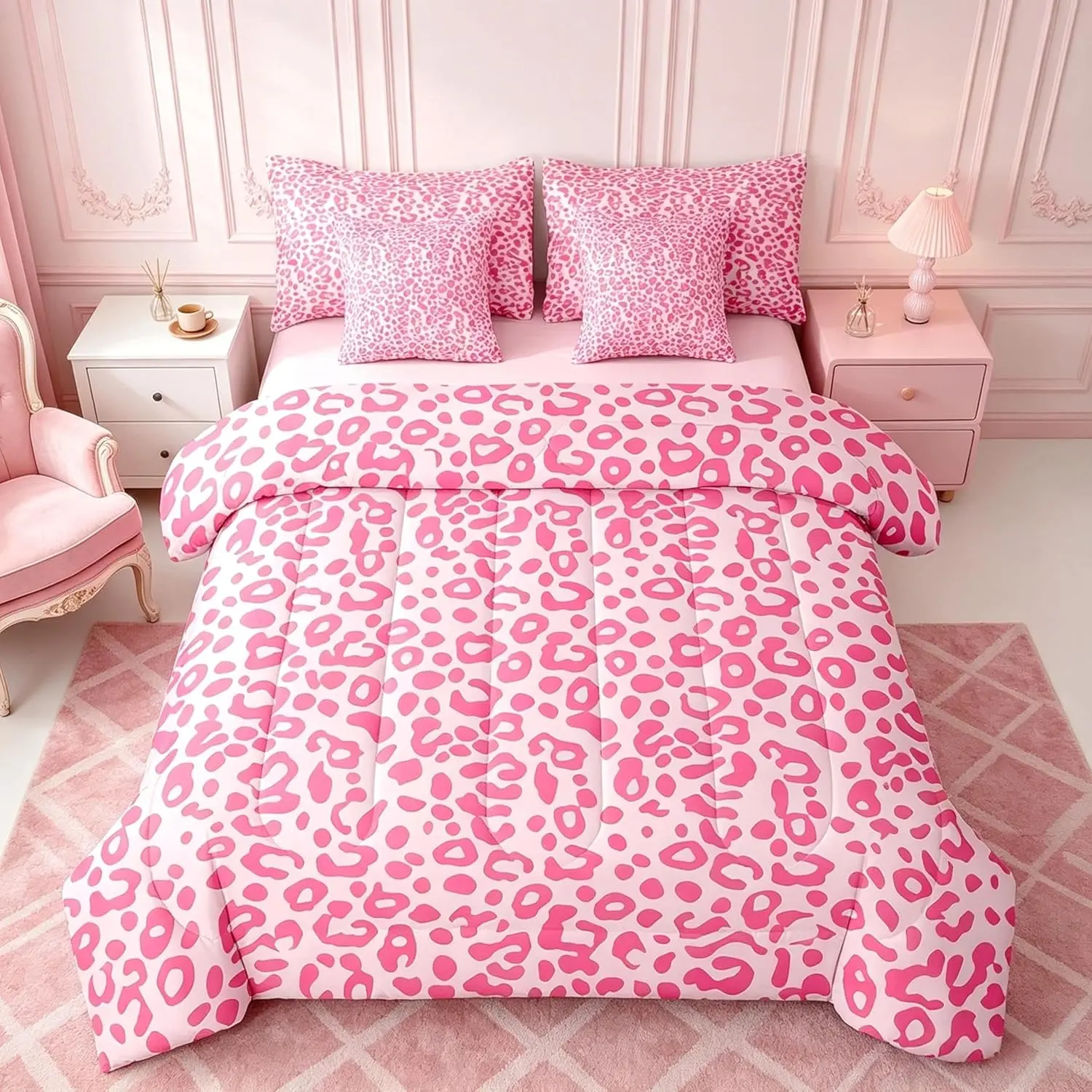 Feelyou 7-Piece Leopard Print Queen Comforter Set, All-Season Pink Bedding in a Bag with Comforter, Sheets, Pillowcases & Cushion Cover for Room Inspo, Home Decor & Bedroom Decor