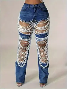 Women's Sexy Tight Elastic Tear Pearl Decoration Jeans Blue Autumn Pants