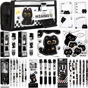 Black Cute  Stationery Set  School Supplies Including Sticky Notes,Mechanical Pencils,Eraser,Notebook,Stickers etc Kawaii Birthday Christmas Gifts Classroom Rewards (Black Cute )