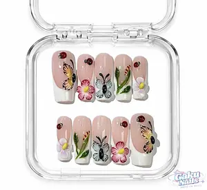 GakuNails SECRET GARDEN 10-Piece Long Square Handmade Press-On Nails - Blue Teal, 3D Flowers-Butterflies-Ladybugs Gel Builder, Elegant Reusable Eco-Friendly Multi-Pack with Nail Inspo