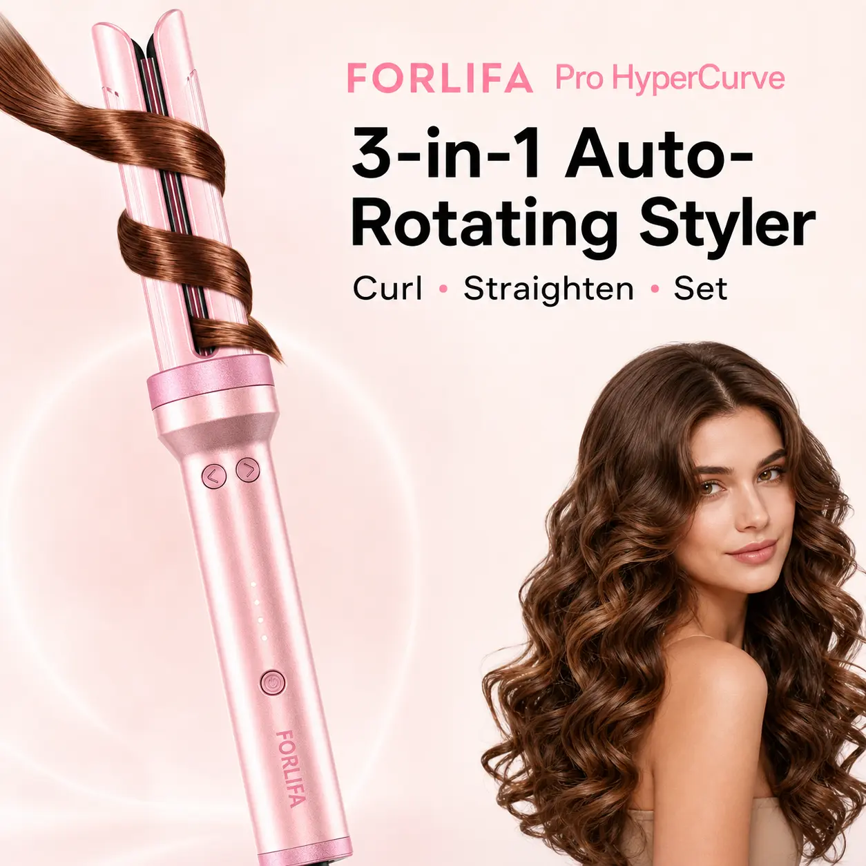 FORLIFA Pro HyperCurve Auto Rotating Curling Iron, 3-in-1 Hair Straightener & Styler with Ionic Cooling Airflow, 1-Inch Barrel for Bouncy Curls, Hair Straighteners, Multifunctional Styler, Auto Rotating Curler