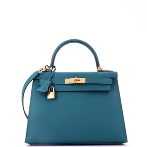Pre-owned HERMÈS Leather Shoulder Bags Hermes Kelly Handbag Vert Bosphore Epsom with Gold Hardware 28 by Rebag