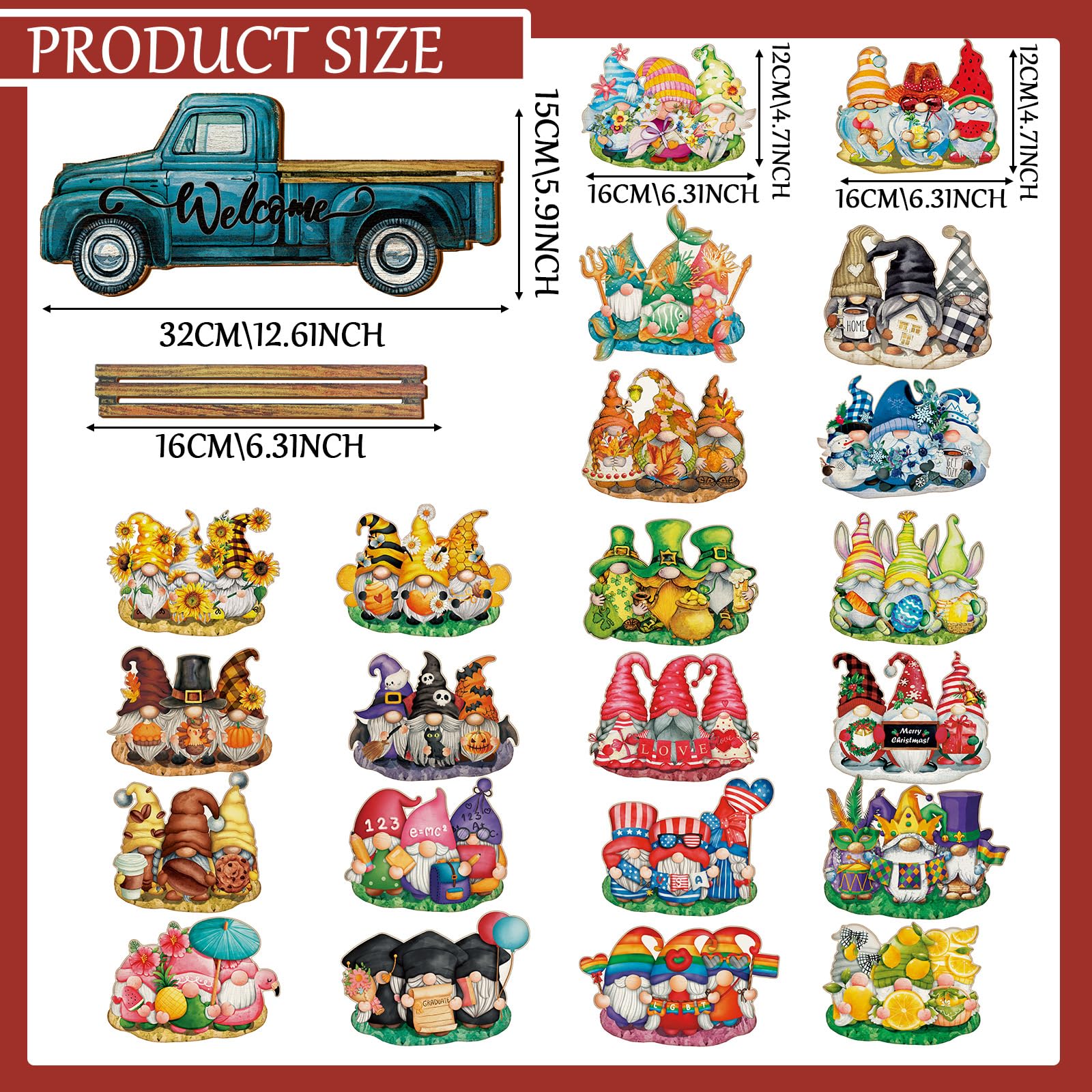23 Pcs Interchangeable Gnome Welcome Sign for Front Door, Magnetic Seasonal Wooden Truck Door Hanging Decor for Valentines St. Patrick's Day Easter Spring Birthday Holiday Party, Farmhouse Porch Wall Home Decor, Housewarming Gift for Room Office Garden