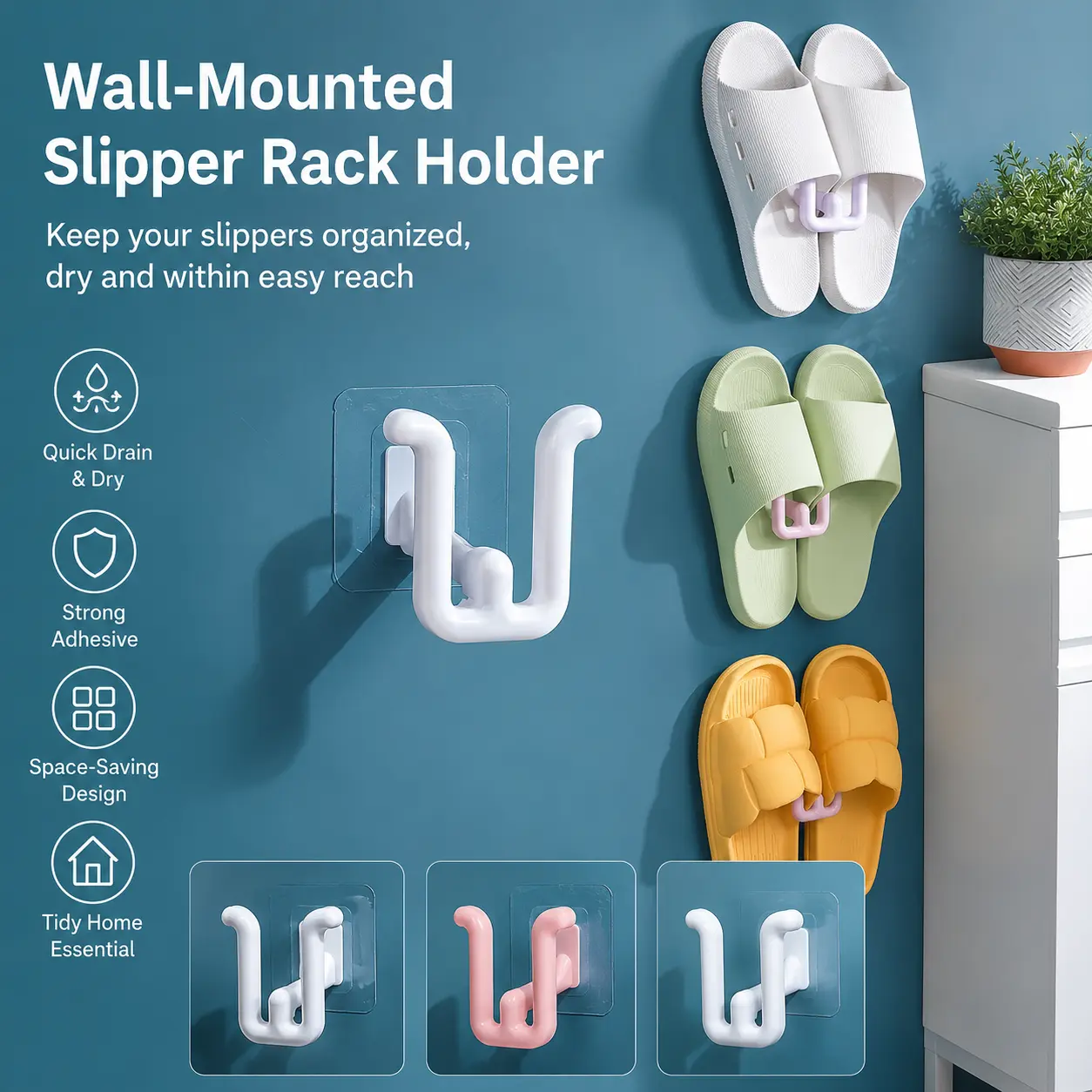 Adhesive Base Wall Mount Hook - Punch-Free, Non-Slip Slot Design, 1-Count Home Bathroom Slipper Storage Organizer