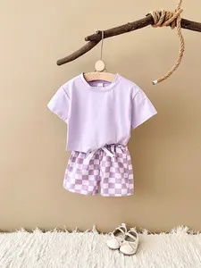 Summer Baby Girl Loose Plain Short Sleeve + Checkered Shorts Set, Infant Toddler Clothing, Comfortable and Stylish Outfit