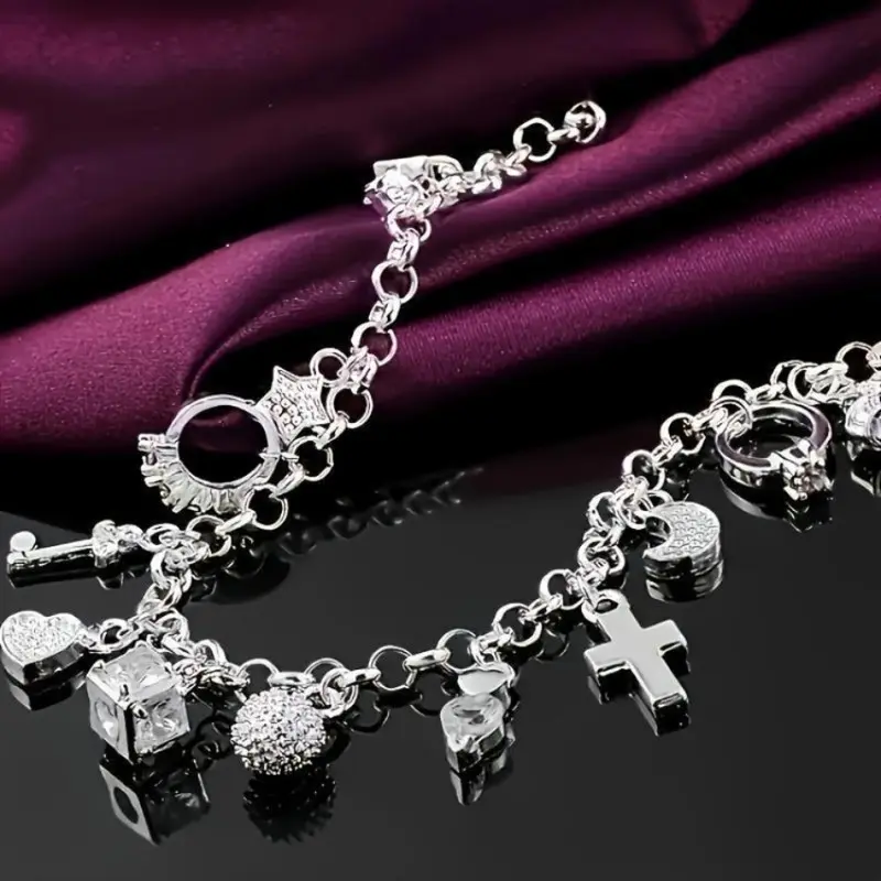 2026 New Release 935 Sterling Silver Heart Charm Bracelet - 13 Pendants Bohemian Shiny Jewelry, Christmas Gift for Her (Indoor Recreation Accessory)