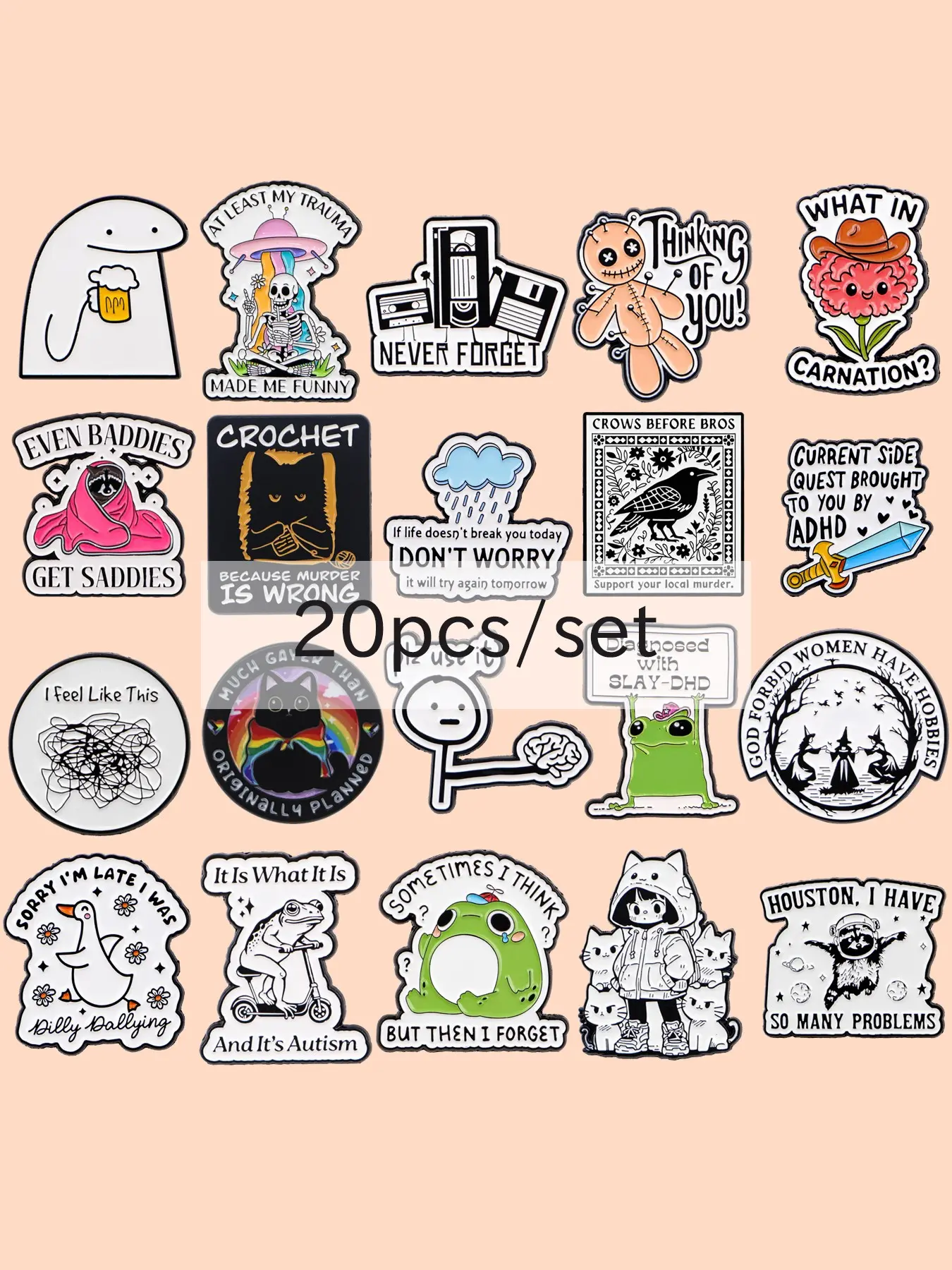 20pcs/set Cute Animal Quote Enamel Pins, Pinbadges, Decorative Badge, Cartoon Design Zinc Alloy Fashion Bag Accessories, Ideal Gift for Friends, All Seasons, Enamel Lapel Pins