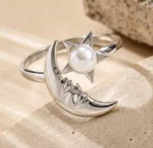 Women's Adjustable Ocean-Themed Pearl Open Rings - Gold, Silver-Tone Starfish, Moon Shell Minimalist Beach Costume Jewelry for Daily, Vacation Wear, Ideal Gift