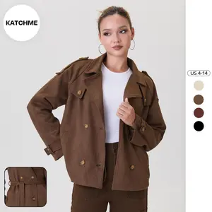 KatchMe Women's Classy Solid Color Notch Lapel Double Breasted Waist Tie Jacket, Cozy Fall & Winter Button Epaulets Outerwear, Basic Lady Streetwear（CN）