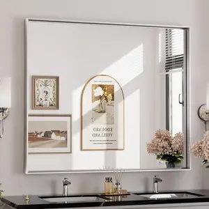 Silver Mirror for Bathroom 42 x 36 Inch Large Bathroom Vanity Mirrors Rectangular Wall Mirror Farmhouse Mirror Square Corner Metal Framed Rectangle Mirror for Over Sink(Horizontal/Vertical)