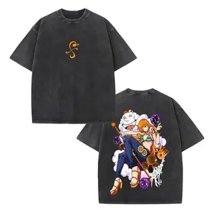 (Custom printing available)Retro Vintage Limited Edition Nami One Piece Anime Double Printed Oversized Washed Tee Unisex  Premium Cotton Classic Style T-Shirt Top
