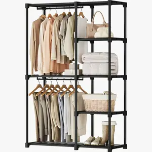Portable Wardrobe Closet with Dual Hanging Rods, 49 Inch Heavy Duty Clothes Rack with Shelves – Freestanding Closet Organizer with Removable Dividers, Anti-Tip Kit, Tool-Free Assembly for Bedroom Laundry Room Office
