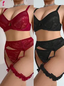 5-piece set of plus size lace sexy lingerie (with steel ring, thong, garter belt, and a pair of leg rings), women's plus size lace sexy lingerie, thong garter belt, leg ring steel ring, lace splicing, hollowed out perspective ultimate temptation