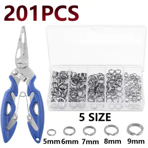 200Pcs Stainless Steel Split Rings + 1 Pliers, 5 Sizes Fishing Lure Connector Rings, Heavy Duty Snap Links for Fish Hooks & Lures