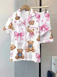 Women's Sleepwear 2-Piece Set, Bow Bear Print, Comfortable Night Home Wear, Fashion Soft Fabric, Casual Daily Wear, Pajamas Lounge Set