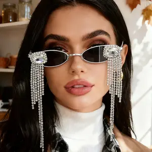 Vintage Luxury Tassel Rhinestone Sunglasses For Women Silver Small Oval Frame Sparkly Crystal Tassel Design Stylish Personality Party Fashion Shades Gift