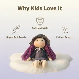 Vintage Cottagecore Fabric Doll – Purple Hair, Lace Bonnet, Handmade, Farmhouse-Style Decor, Soft & Safe Material, Unique Design | Perfect as Home Ornament, Sofa Decoration, Birthday & Special Holiday Gift